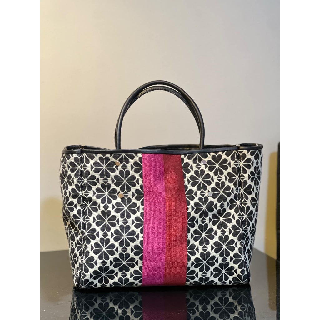 ORIG Preloved KS Retail Spade Flower Jacquard Everything Stripe Medium Tote Pink Black Bag