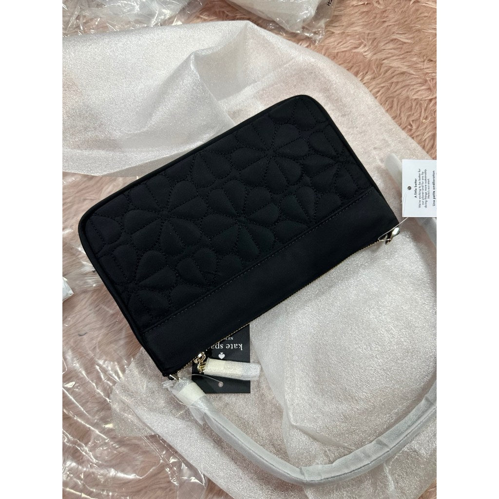 ORIG & IMPORTED KS Spade Flower Quilted Fabric Convertible Wristlet Shoulder Mini Bag Black Pink