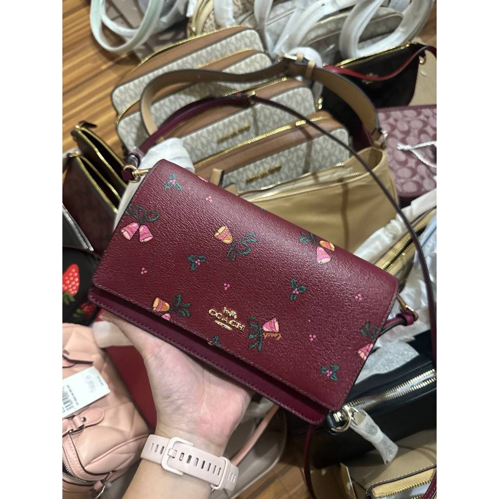 ORIG & IMPORTED CCH Anna Foldover Clutch Bag With Bells Print in Maroon Cherry