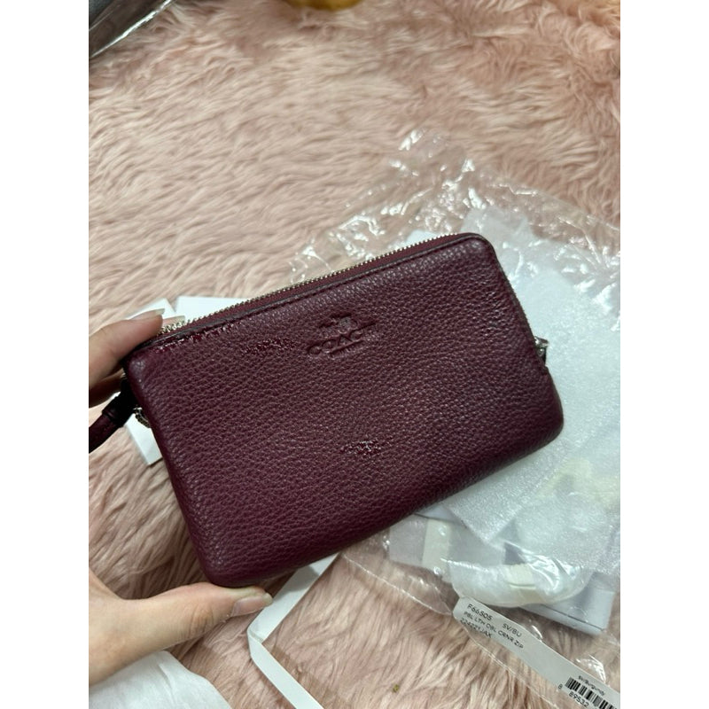 ORIG & IMPORTED WITH FLAW CCH Pebbled Leather Double Corner Zip Wristlet Wallet Maroon Red