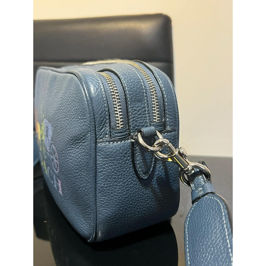 ORIG Preloved CCH Jes Crossbody Medium Double Zip Crossbody Blue Bag with Horse And Carriage
