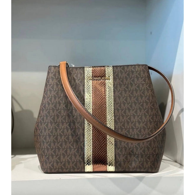 ORIG & IMPORTED MK Pratt Medium Signature Logo and Metallic Shoulder Bag Brown