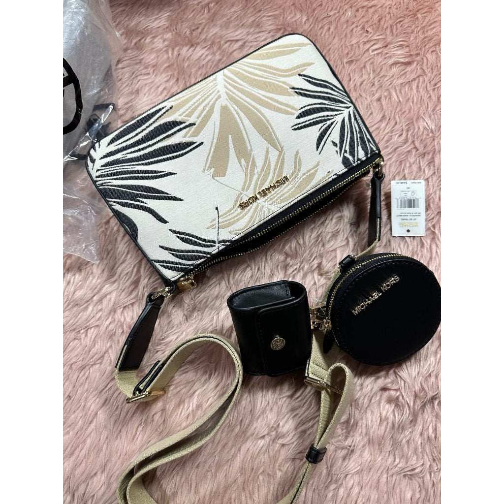 ORIG & IMPORTED MK Jet Set Crossbody Tech Accessories Attached Black Multi Palm Leaves