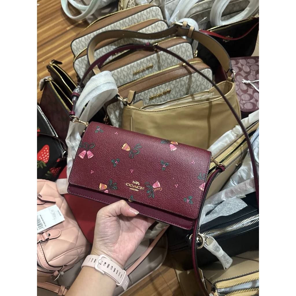 ORIG & IMPORTED CCH Anna Foldover Clutch Bag With Bells Print in Maroon Cherry