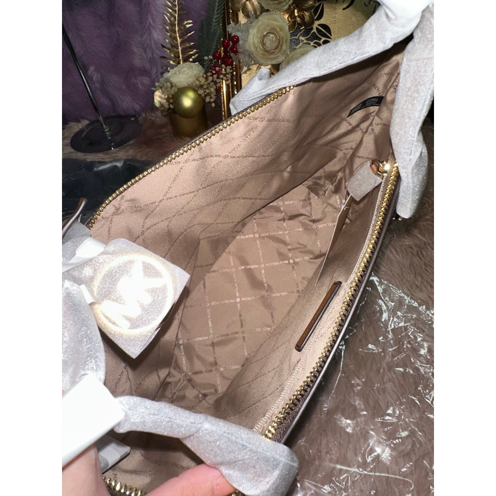 ORIG & IMPORTED MK Charlotte Large Logo and Leather Top-Zip Tote Bag Brown White Black