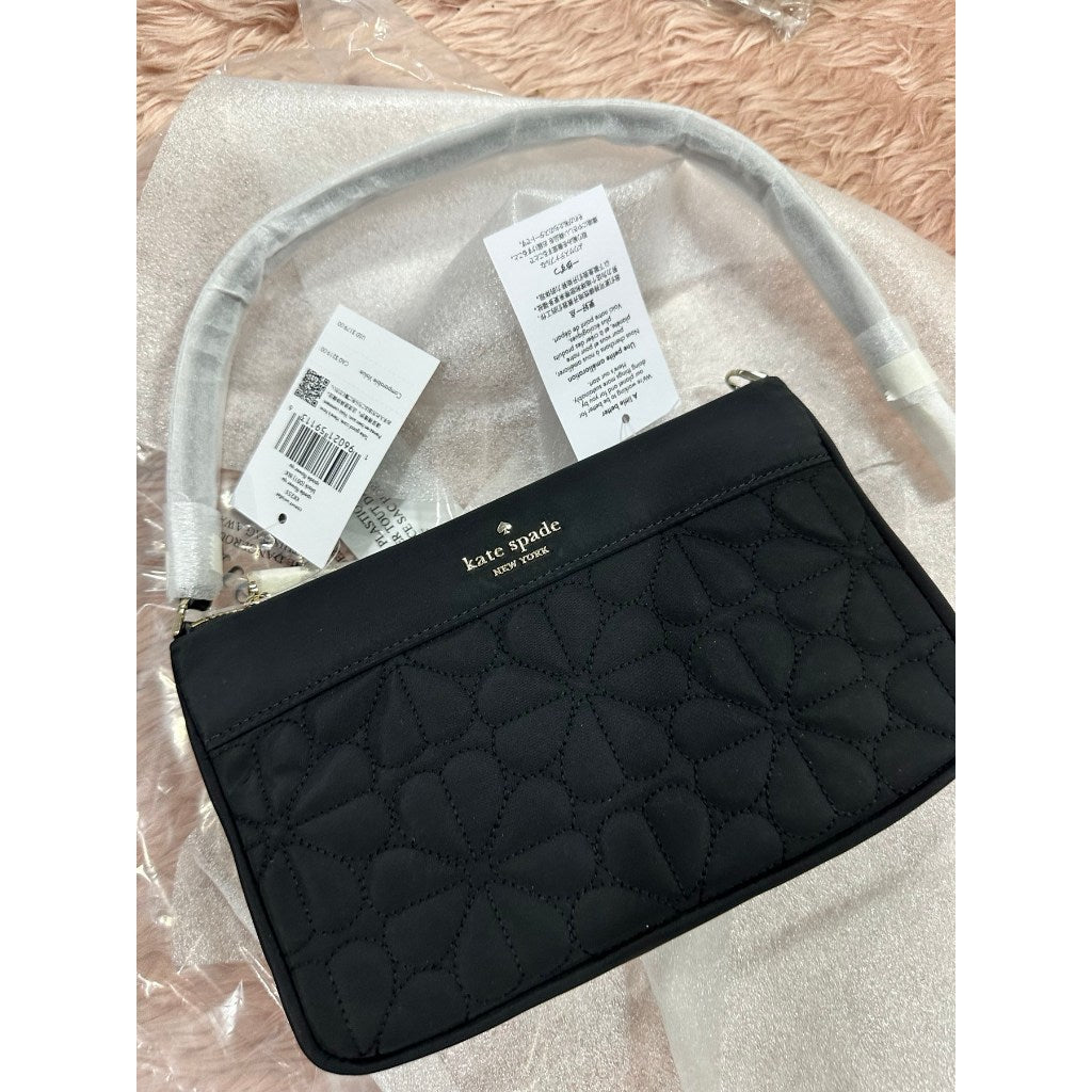 ORIG & IMPORTED KS Spade Flower Quilted Fabric Convertible Wristlet Shoulder Mini Bag Black Pink