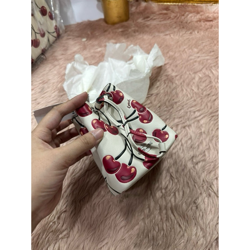 ORIG & IMPORTED CCH Drawstring Wristlet White Wallet With Cherry Print