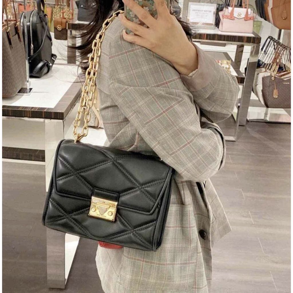 ORIG & IMPORTED WITH FLAW MK Serena Medium Quilted Flap Shoulder Bag Black