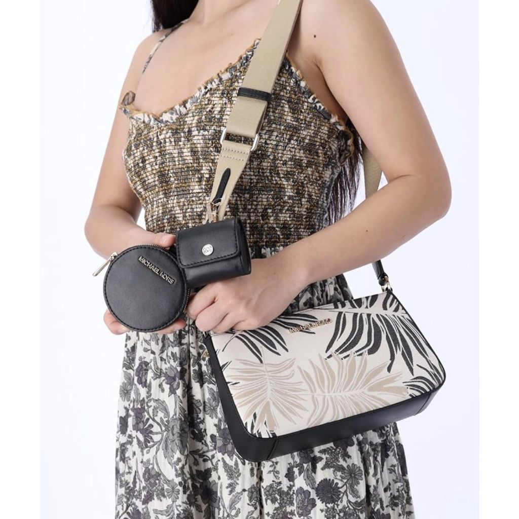 ORIG & IMPORTED MK Jet Set Crossbody Tech Accessories Attached Black Multi Palm Leaves