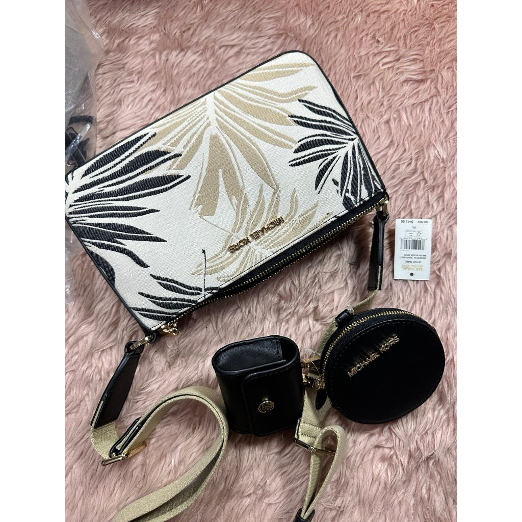 ORIG & IMPORTED MK Jet Set Crossbody Tech Accessories Attached Black Multi Palm Leaves