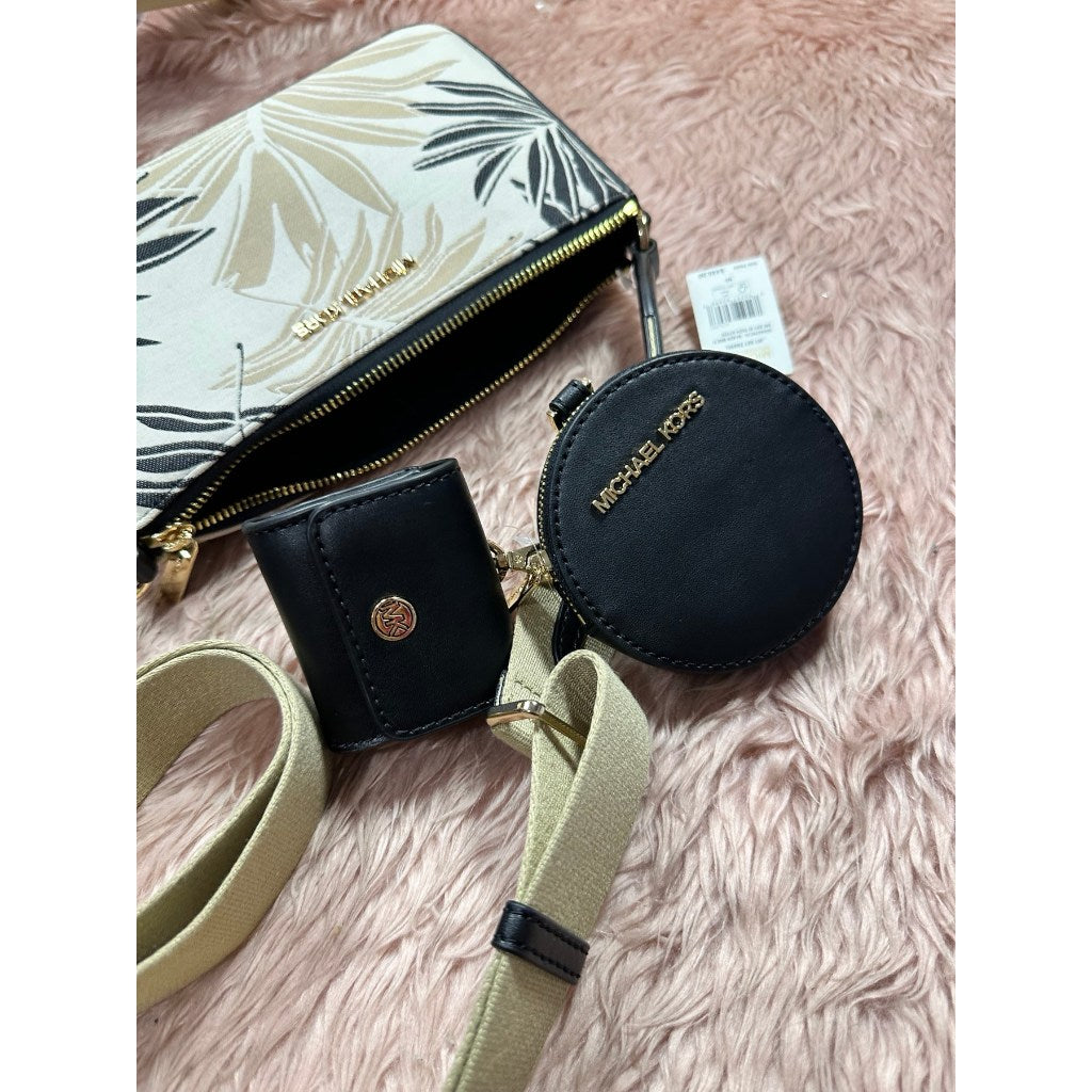 ORIG & IMPORTED MK Jet Set Crossbody Tech Accessories Attached Black Multi Palm Leaves