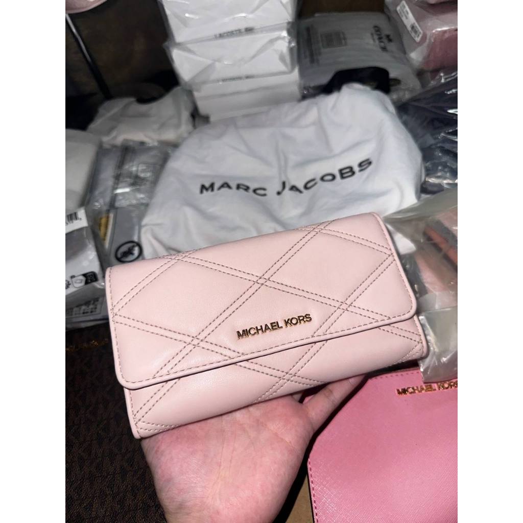 Preloved MK Jet Set Travel Large Trifold Quilted Leather Pink Long Wallet