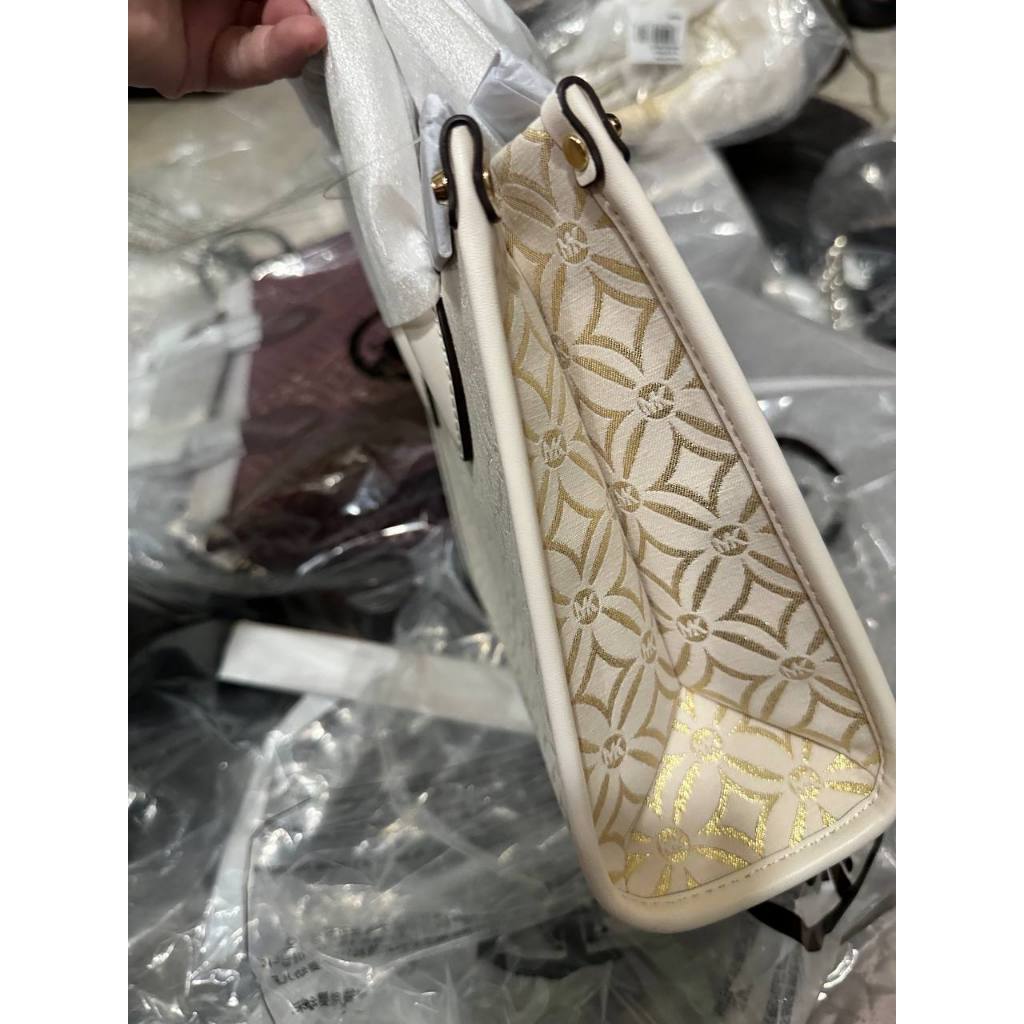ORIG & IMPORTED MK Small Mirella Satchel Bag Graphic Logo Glitter Ivory White