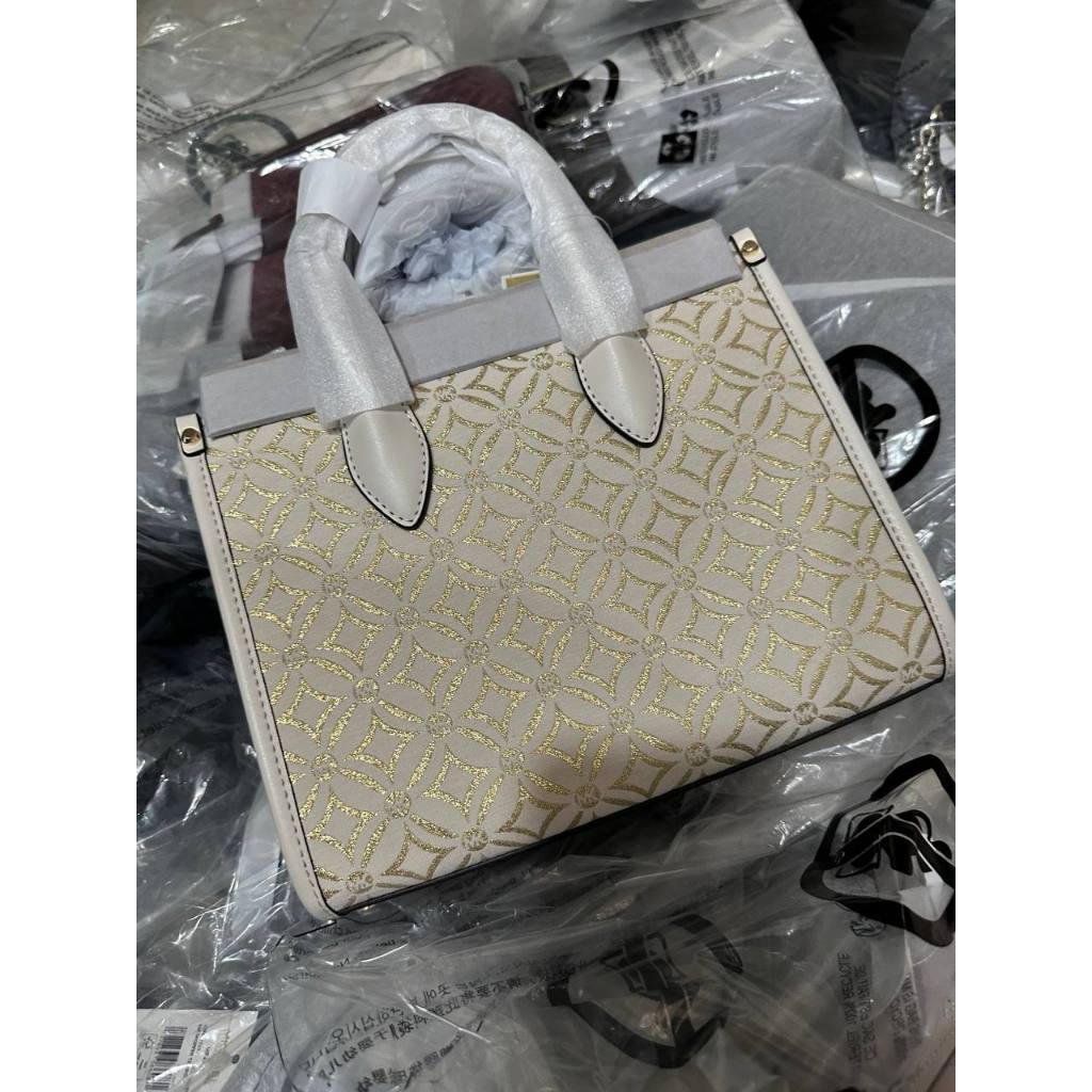 ORIG & IMPORTED MK Small Mirella Satchel Bag Graphic Logo Glitter Ivory White