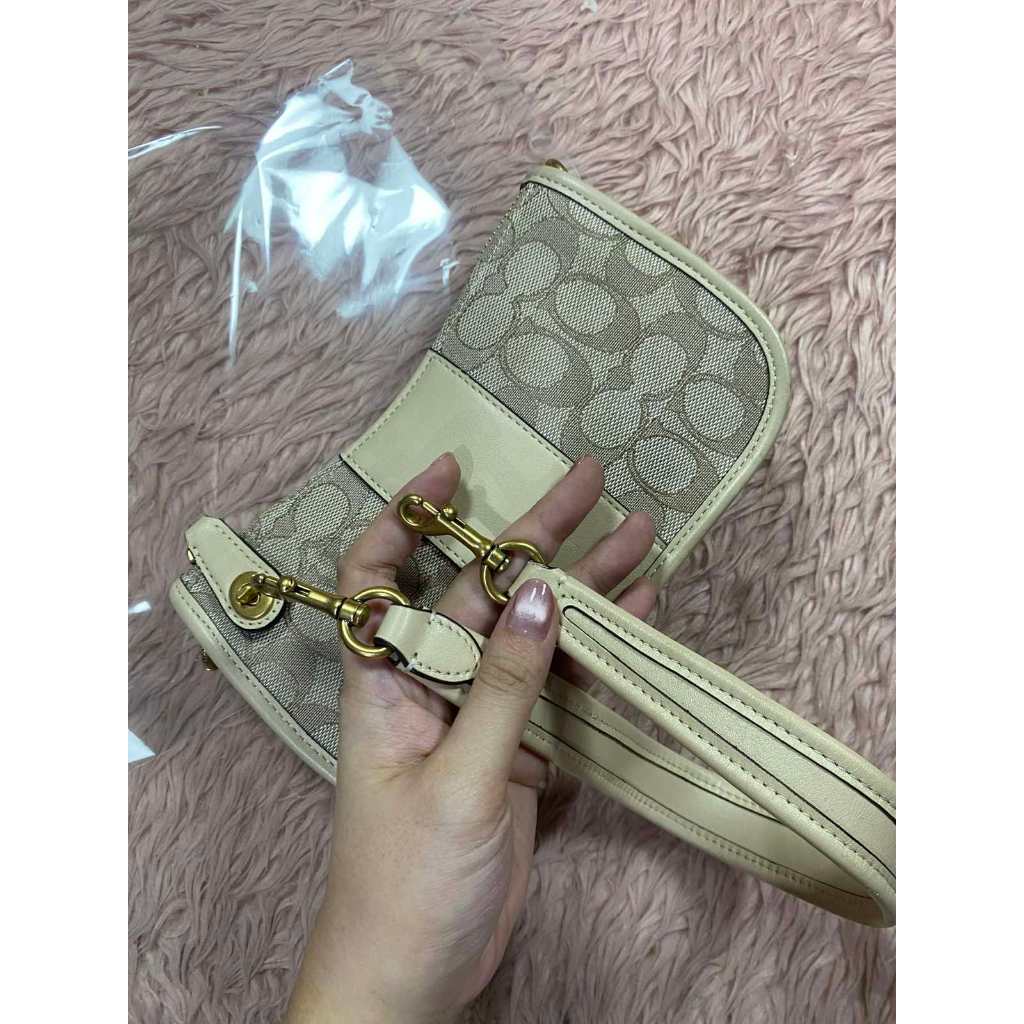 ORIG Preloved CCH Swinger Small Beige Bag 20 In Signature Jacquard