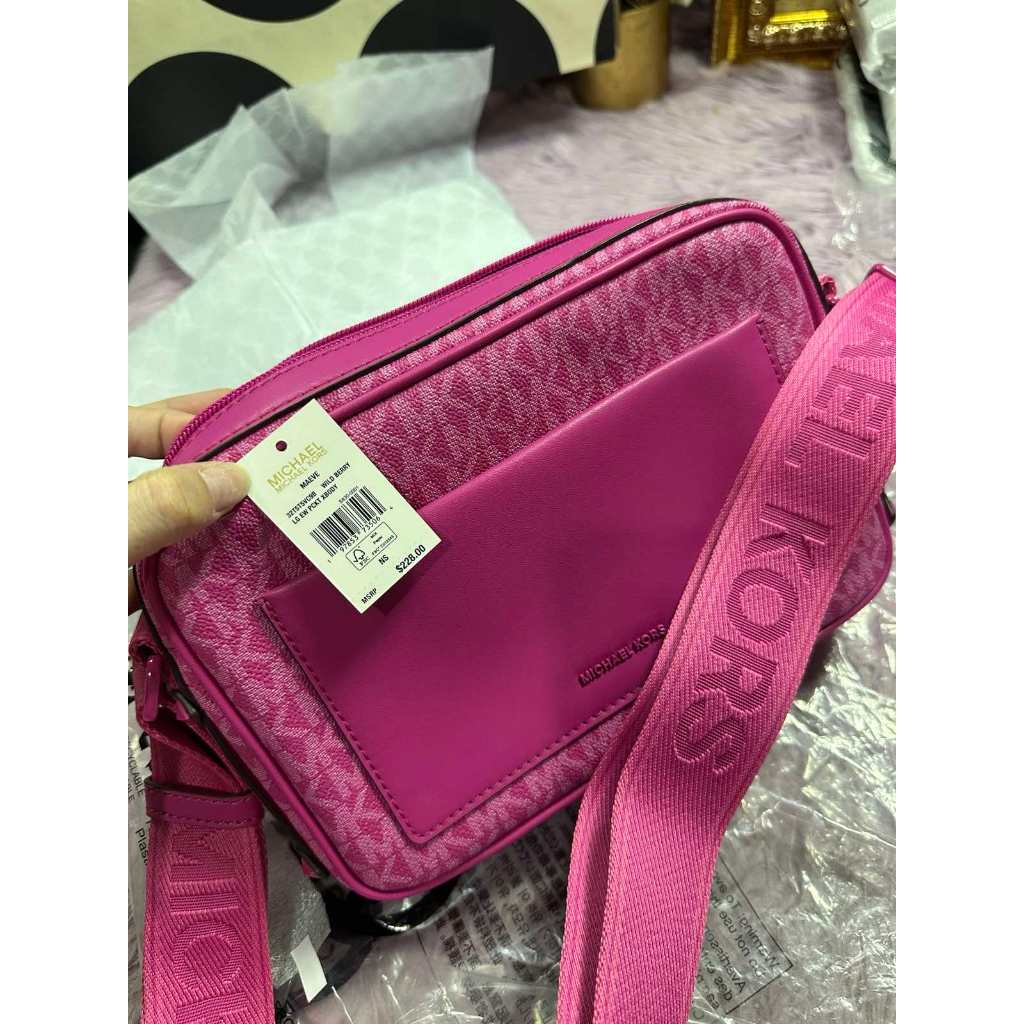 ORIG & IMPORTED MK Maeve Large Signature Logo Crossbody Camera Bag Pink / Red