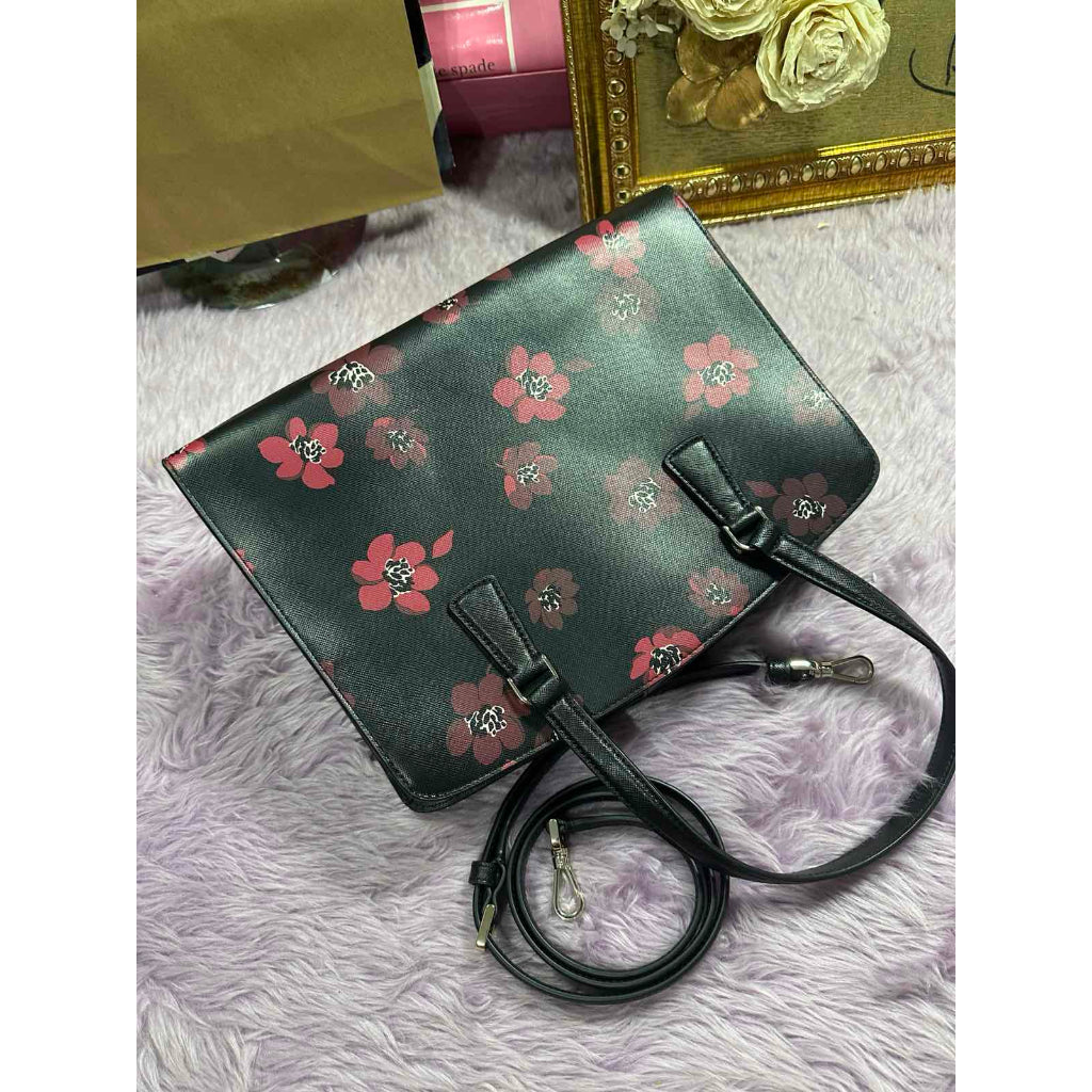 ORIG Preloved KS Perry Leather Medium Satchel Black Floral Bag