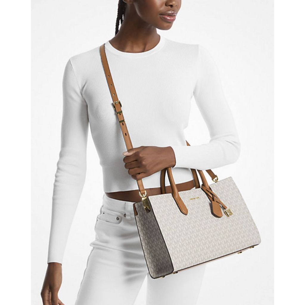 ORIG & IMPORTED MK Retail Scarlett Medium Signature Logo Satchel Bag Brown/White Vanilla