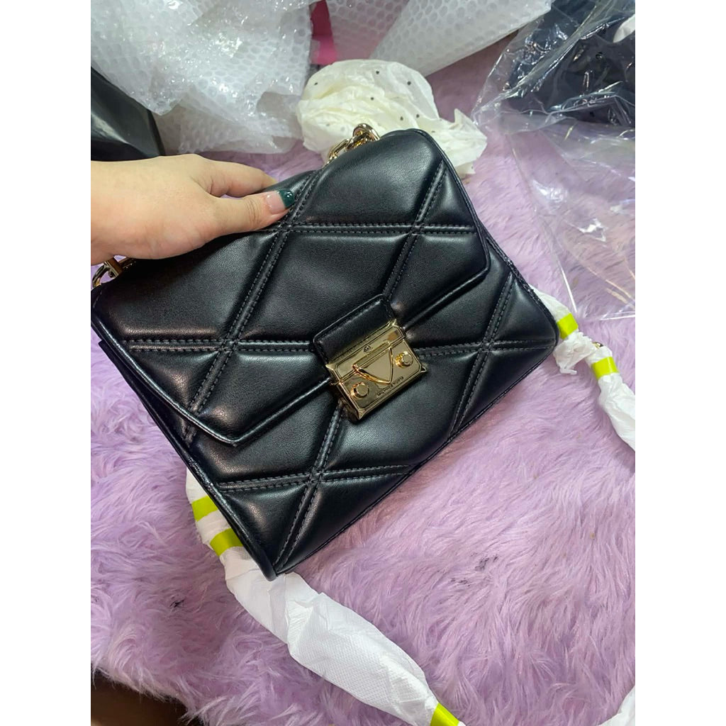ORIG & IMPORTED WITH FLAW MK Serena Medium Quilted Flap Shoulder Bag Black