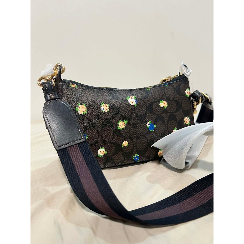ORIG & IMPORTED CCH Jes Baguette In Signature Canvas With Rose Print Brown Small Bag