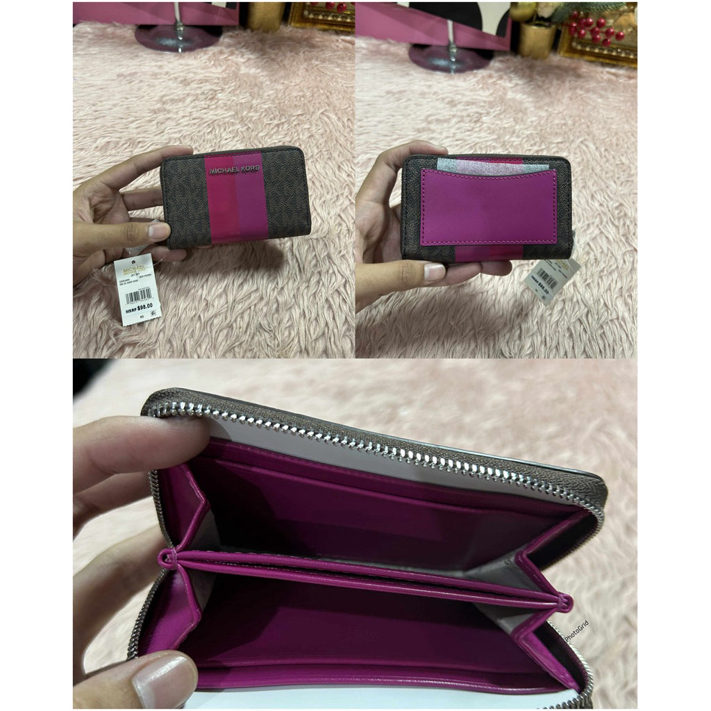 ORIG & IMPORTED MK Small Semi Lux Zip Around Card Case Wallet Brown/White/Black