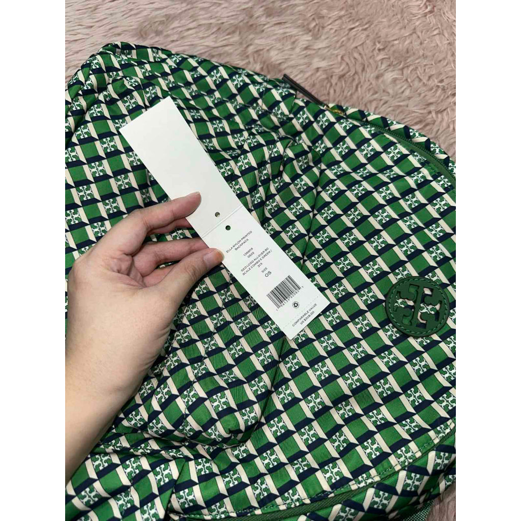 ORIG Preloved RARE TB Ella Nylon Medium Backpack in a Green Geometric Print