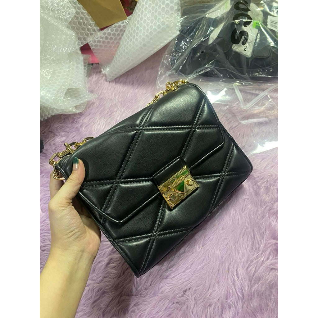 ORIG & IMPORTED WITH FLAW MK Serena Medium Quilted Flap Shoulder Bag Black