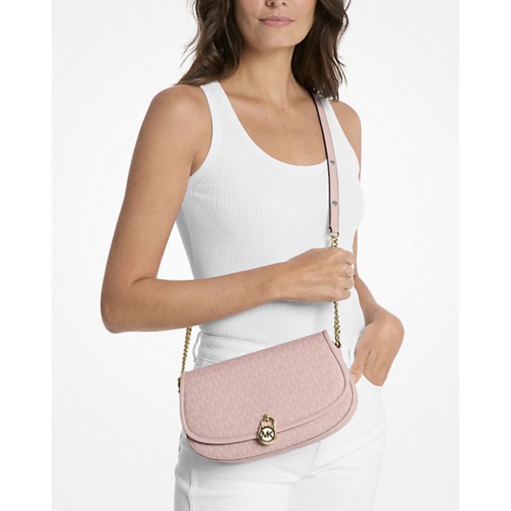 ORIG & IMPORTED MK Mila Medium Signature Logo Messenger Flap Bag Brown/Pink/Vanilla