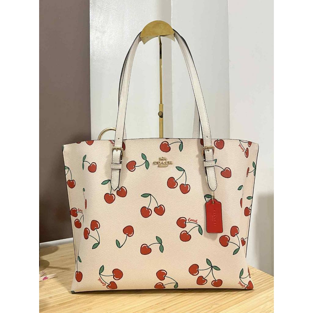 ORIG Preloved CCH Mollie Tote With Heart Cherry Print Large White Bag