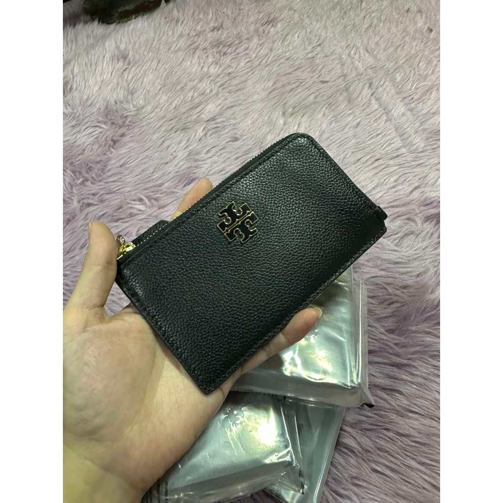 ORIG & IMPORTED TB Britten Zip-Up Pebbled Leather Card Case Wallet in Black