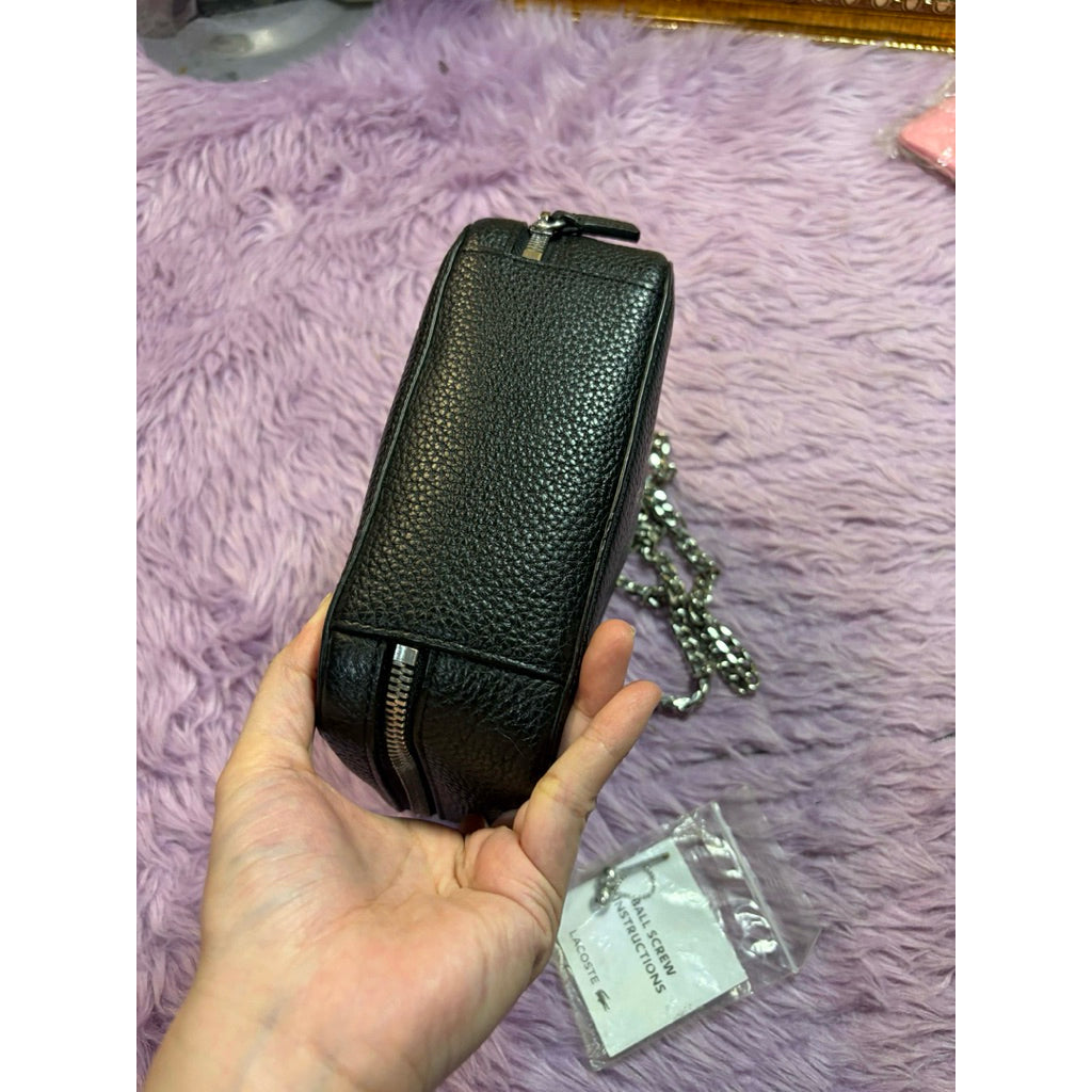 ORIG Preloved LCT Croco Crew Grained Leather Zip Shoulder Black Bag