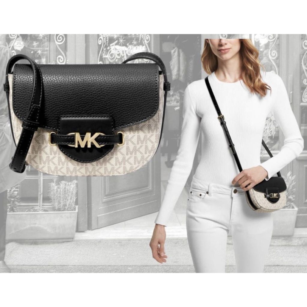 ORIG Preloved MK Reed Small Logo Flap Crossbody Bag Vanilla/Black