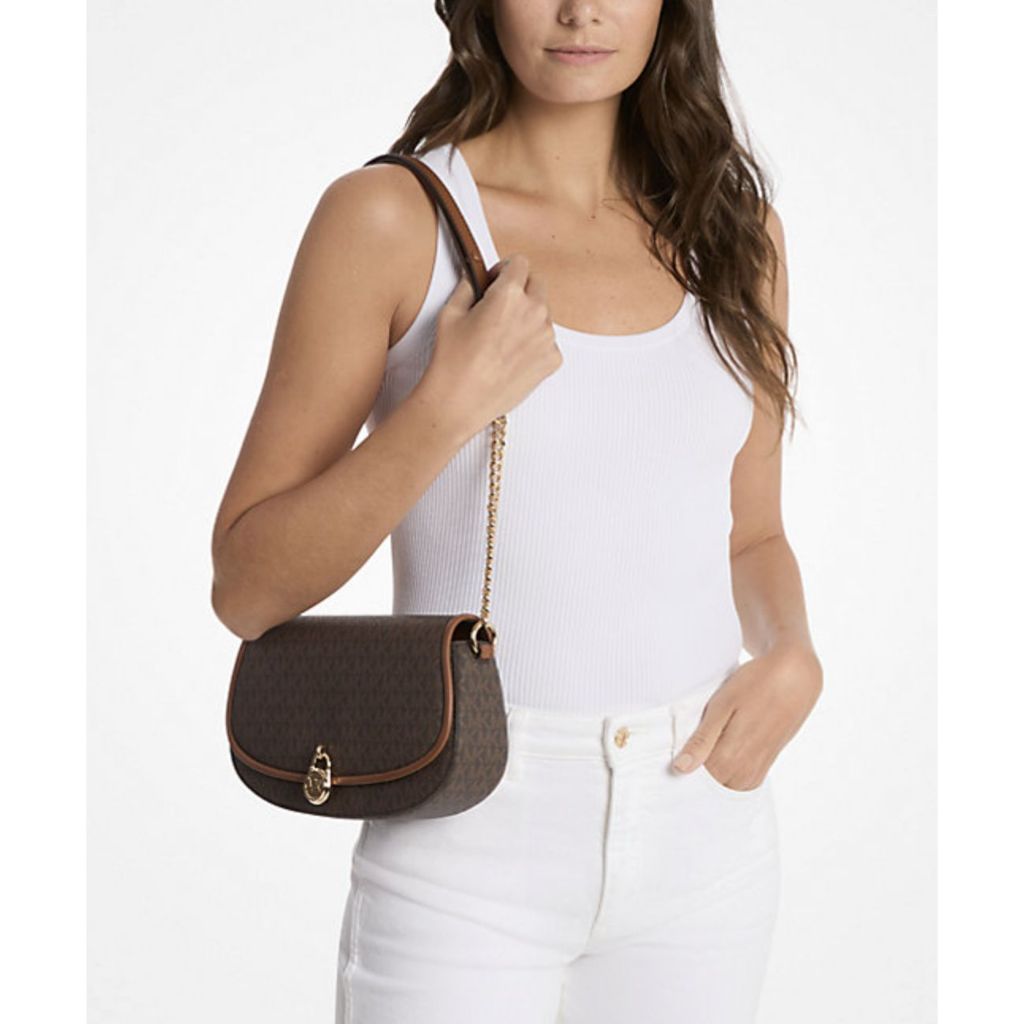 ORIG & IMPORTED MK Mila Medium Signature Logo Messenger Flap Bag Brown/Pink/Vanilla