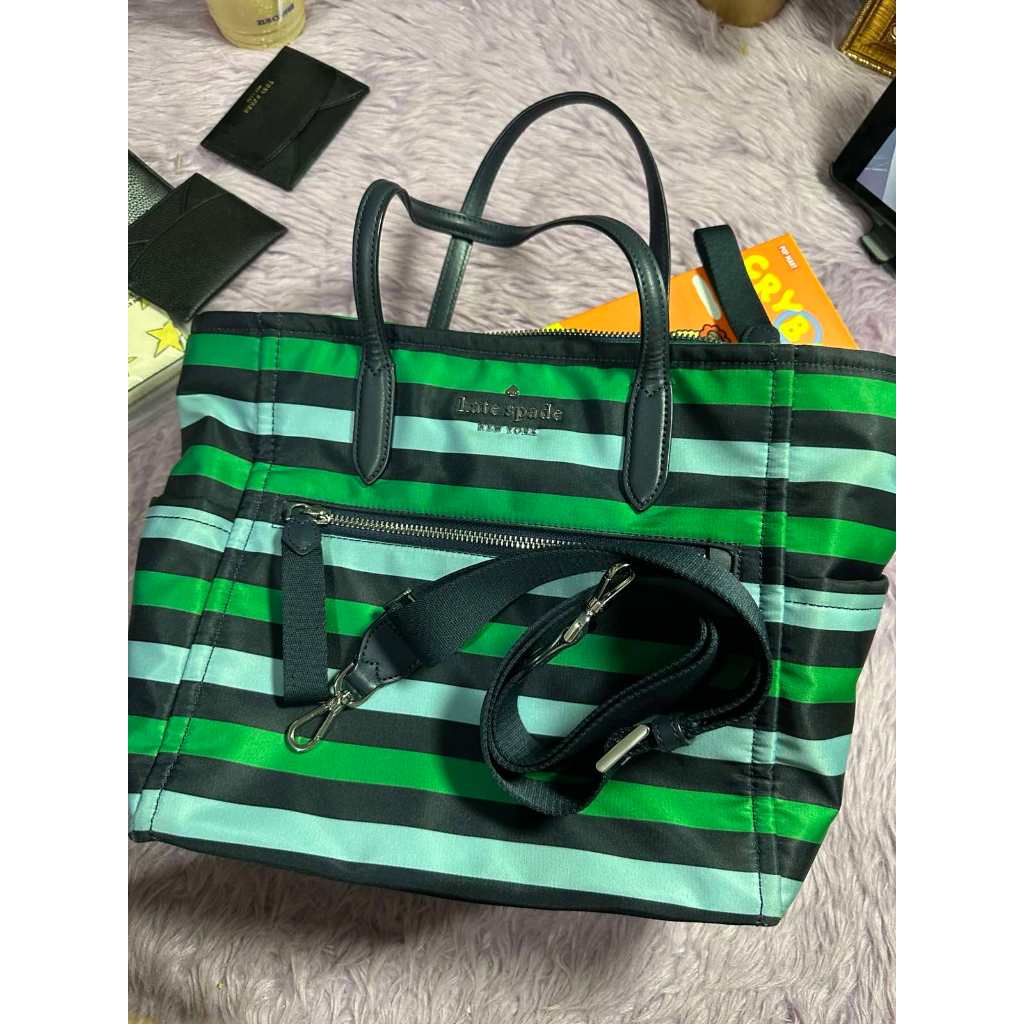 ORIG Preloved KS Chelsea Foliage Stripe Medium Satchel Nylon Green Bag