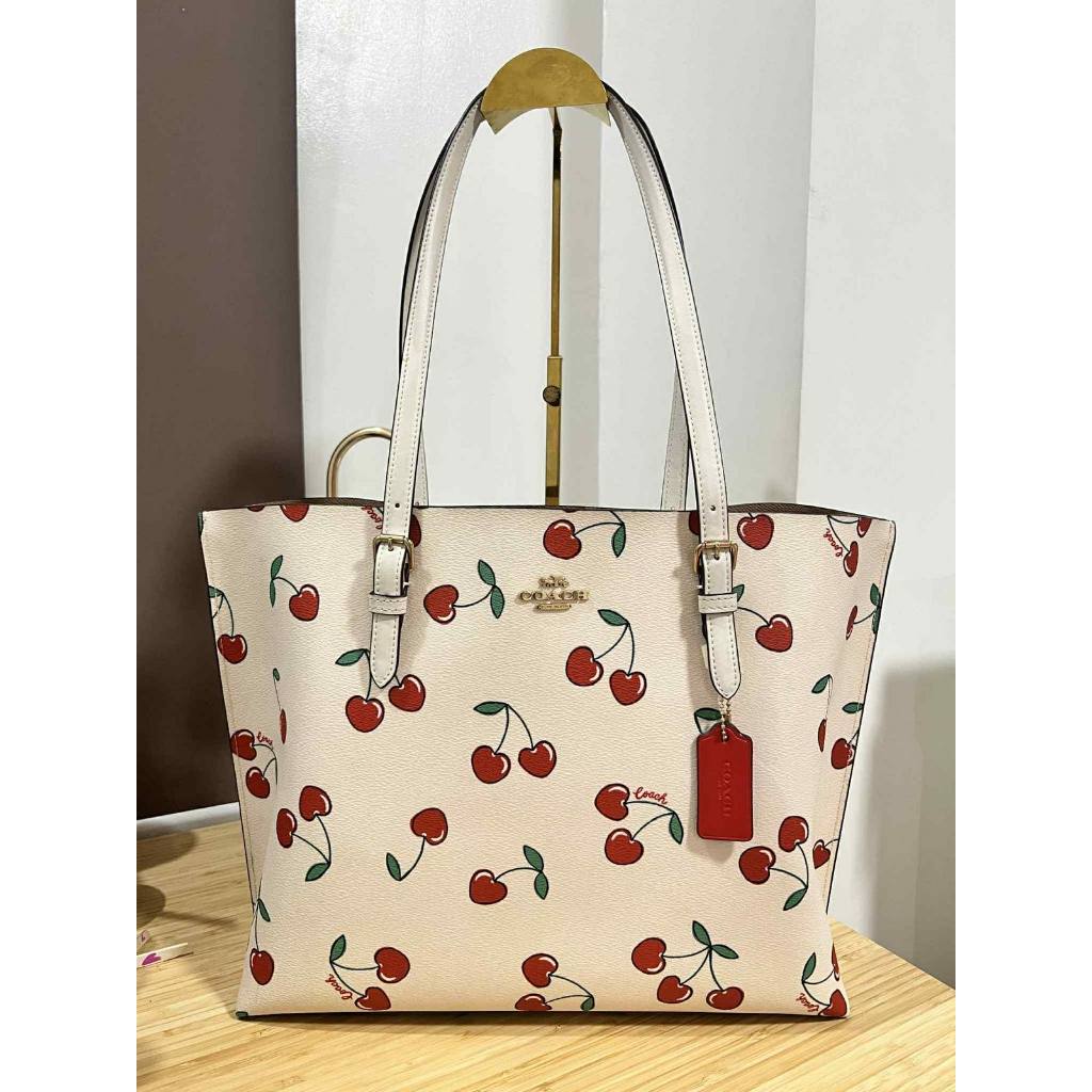 ORIG Preloved CCH Mollie Tote With Heart Cherry Print Large White Bag