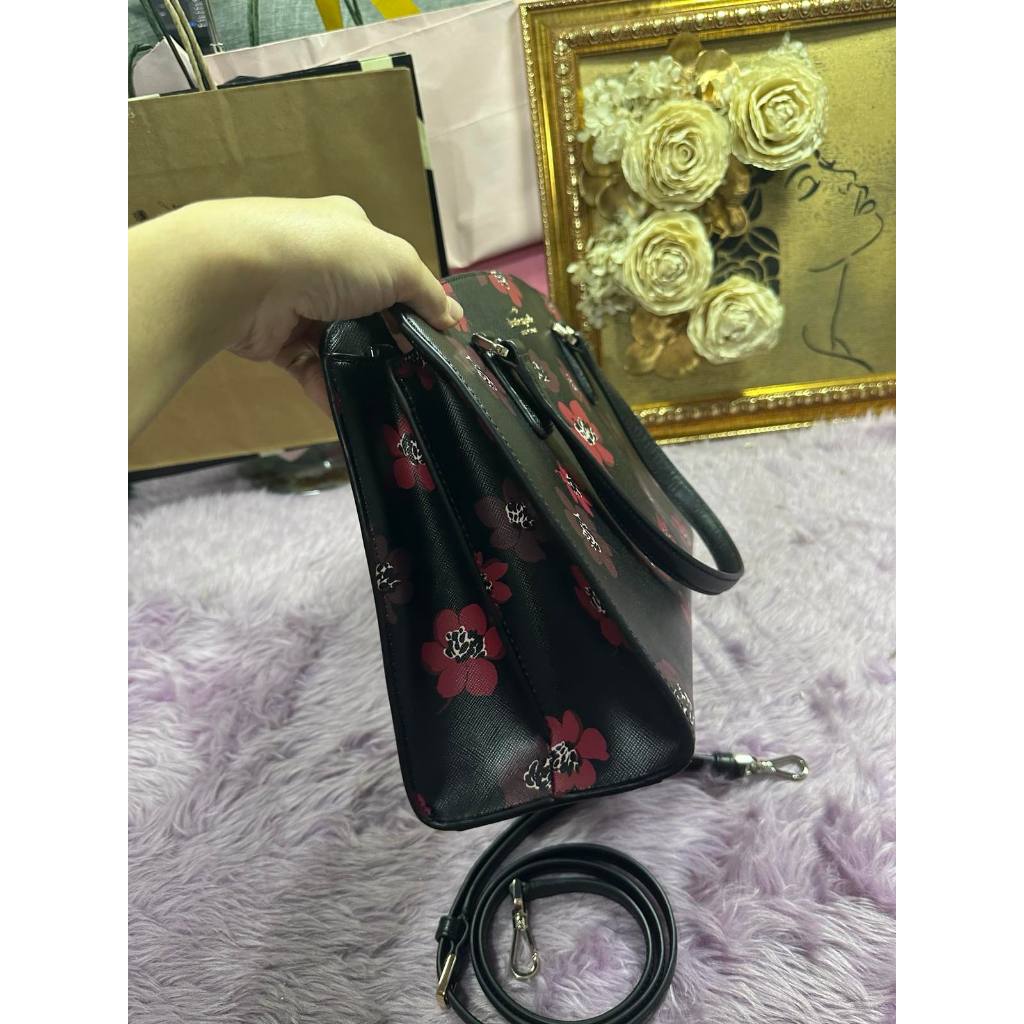 ORIG Preloved KS Perry Leather Medium Satchel Black Floral Bag