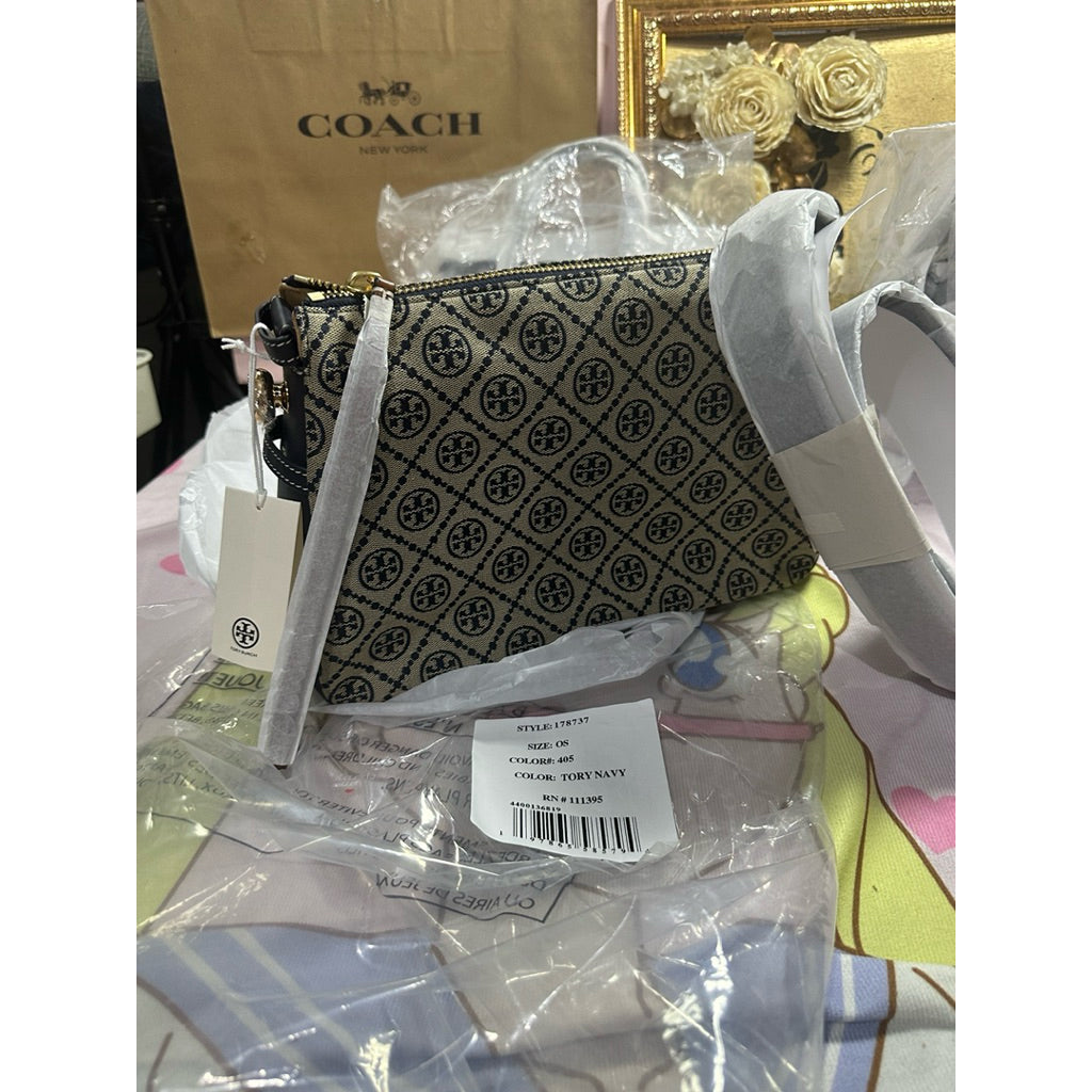 ORIG & IMPORTED Tory TB T Monogram Messenger Navy Blue Hobo Bag