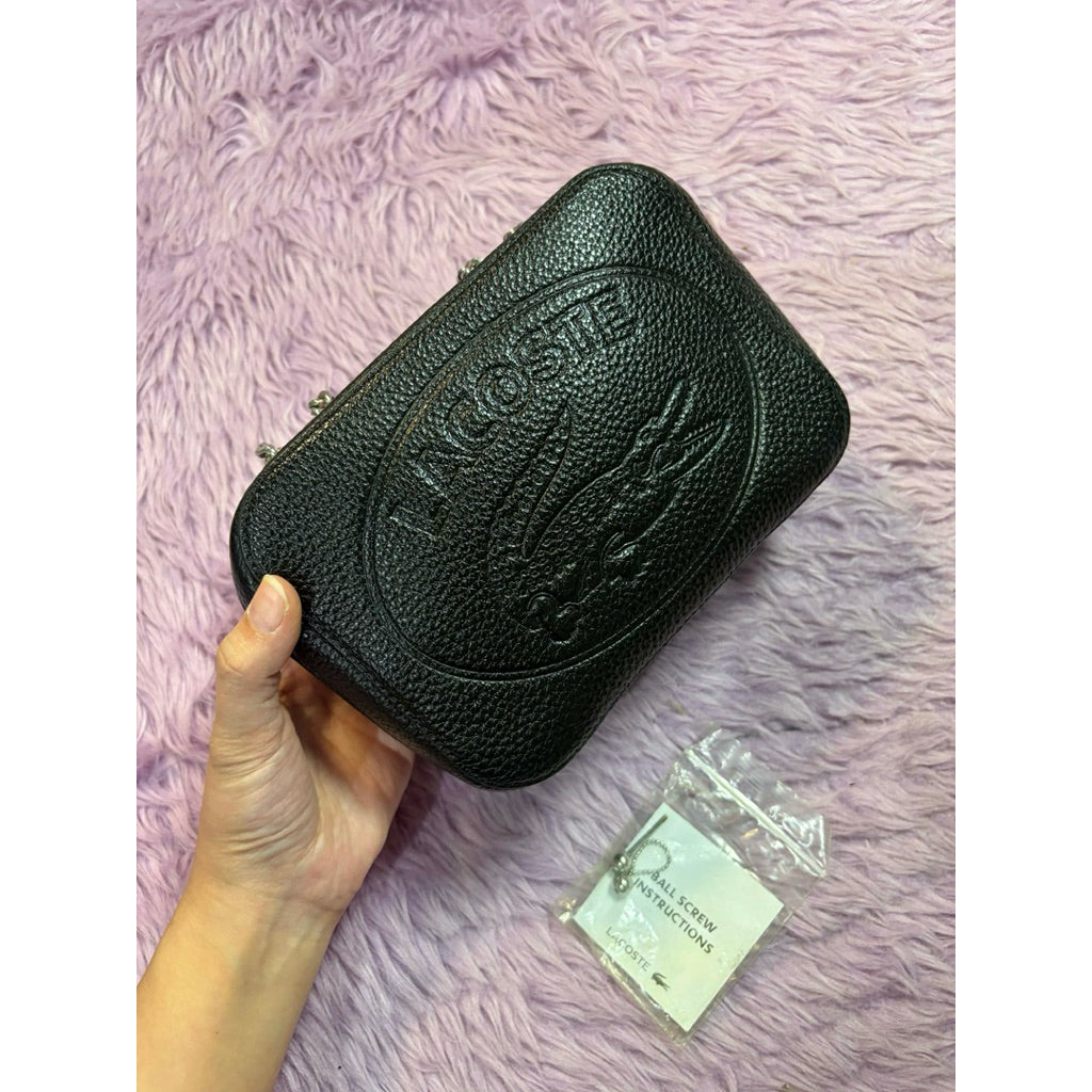 ORIG Preloved LCT Croco Crew Grained Leather Zip Shoulder Black Bag