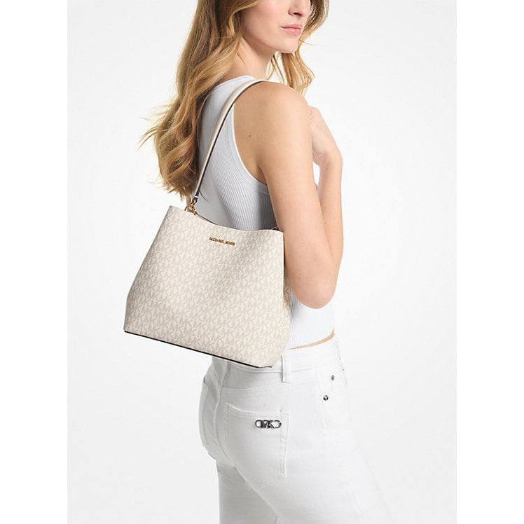 ORIG & IMPORTED MK Pratt Medium Signature Logo Shoulder Bag Brown/Vanilla White