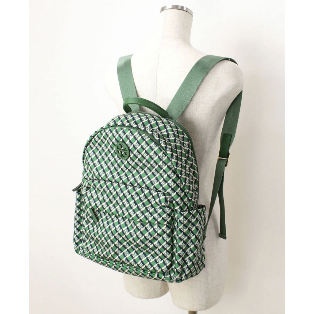 ORIG Preloved RARE TB Ella Nylon Medium Backpack in a Green Geometric Print