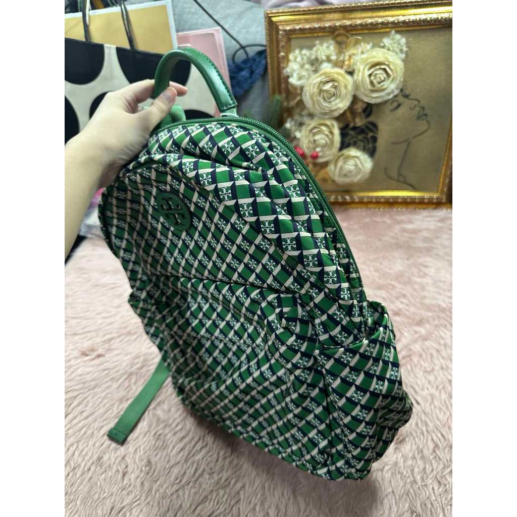 ORIG Preloved RARE TB Ella Nylon Medium Backpack in a Green Geometric Print