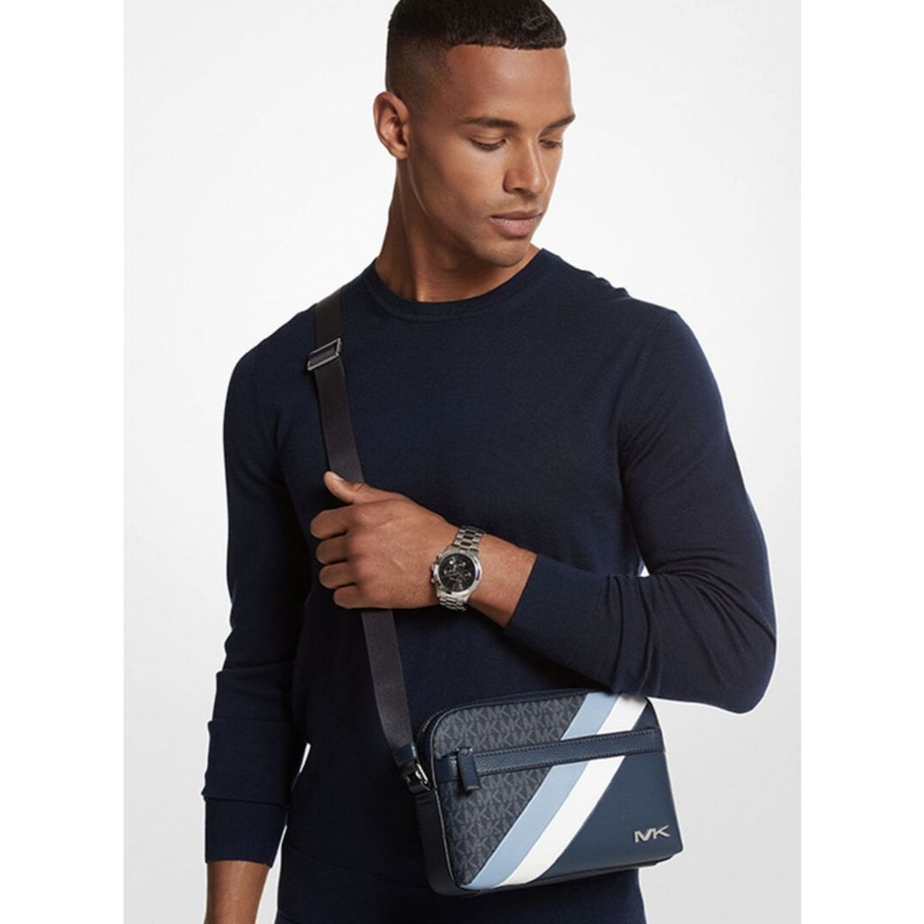 ORIG & IMPORTED MK Cooper Logo Stripe and Faux Leather Crossbody Men Blue Bag