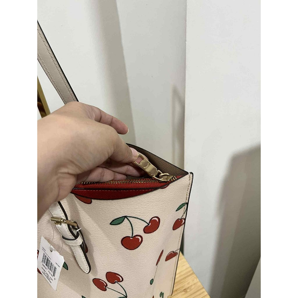 ORIG Preloved CCH Mollie Tote With Heart Cherry Print Large White Bag