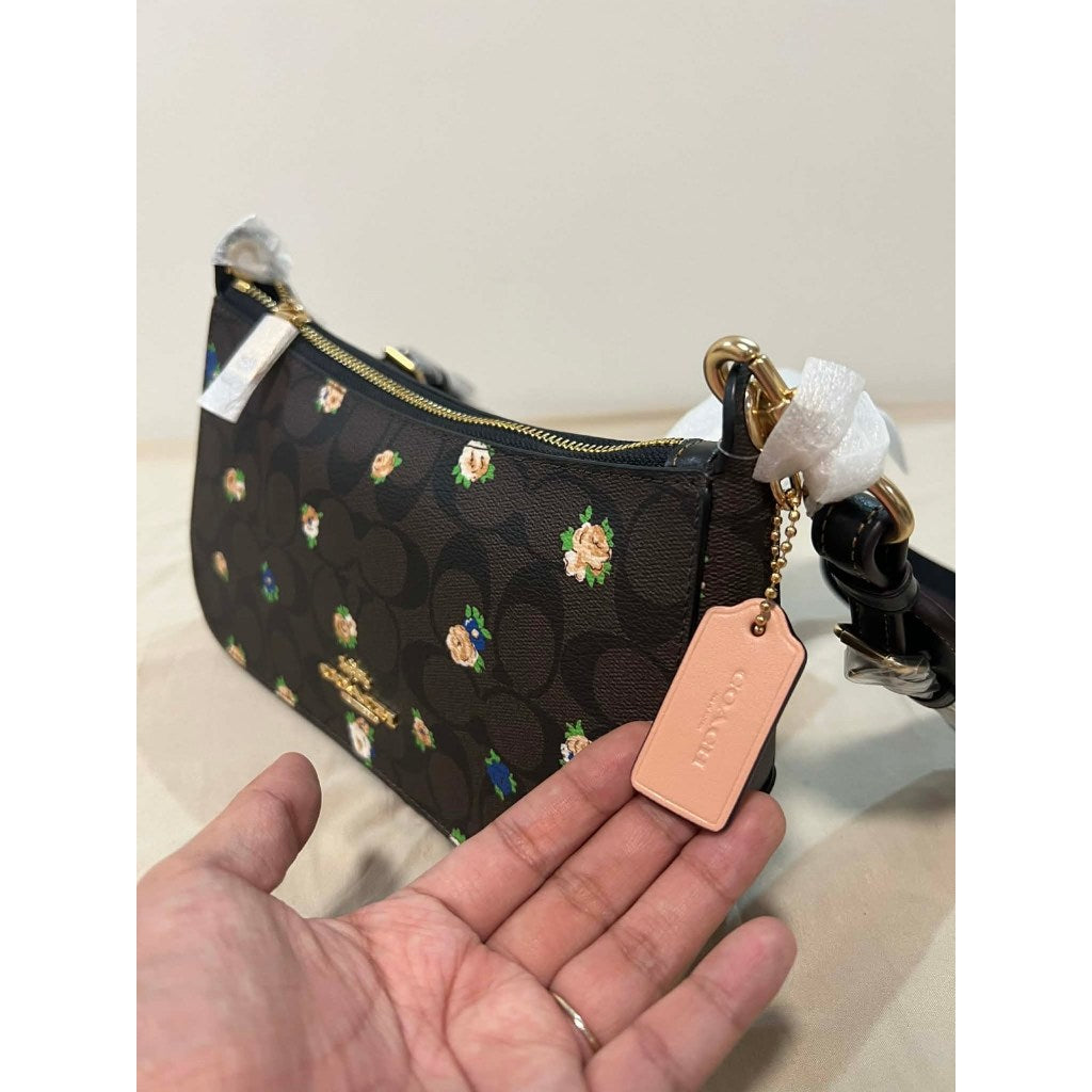 ORIG & IMPORTED CCH Jes Baguette In Signature Canvas With Rose Print Brown Small Bag