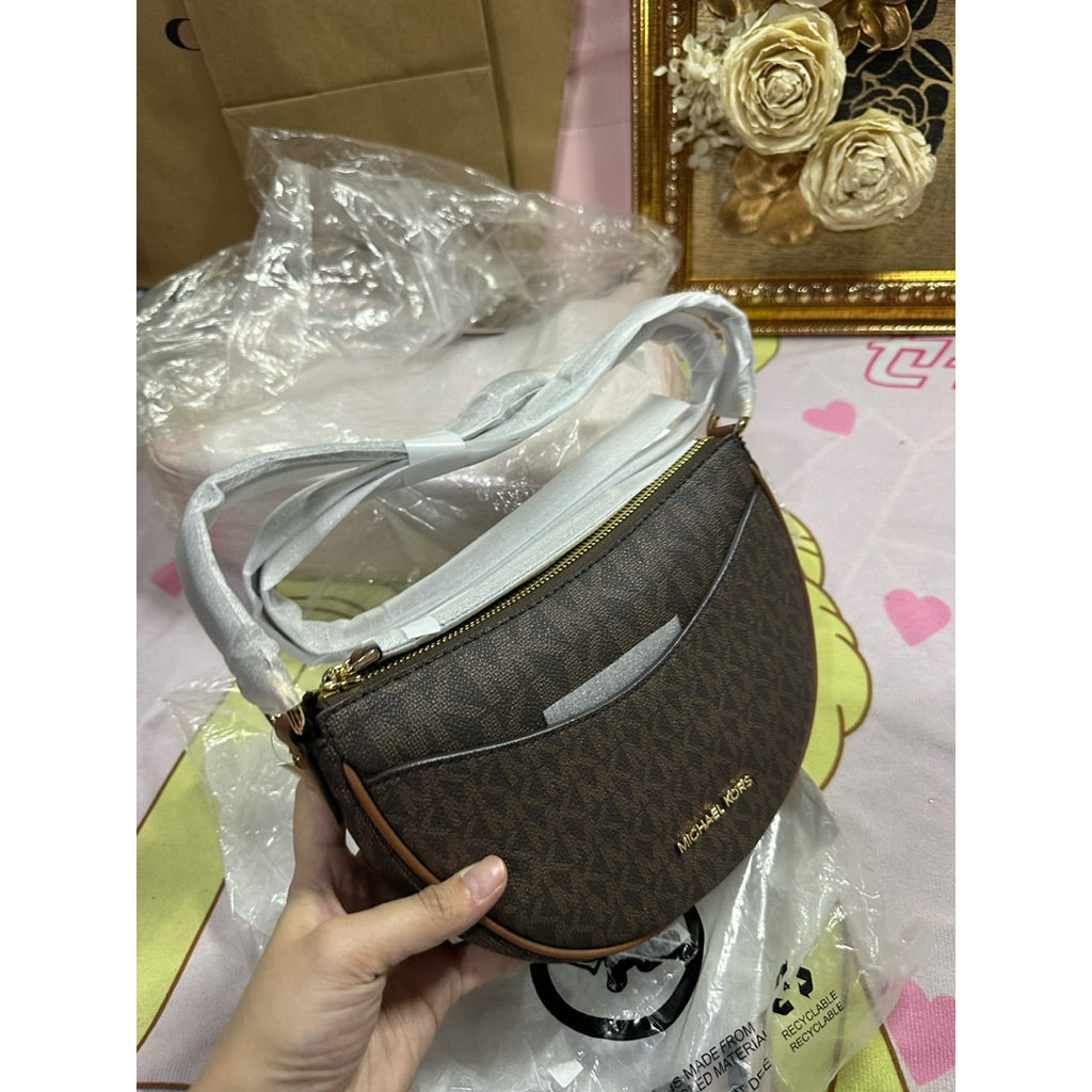 ORIG & IMPORTED MK Signature Dover Small Half Moon Crossbody Bag Brown