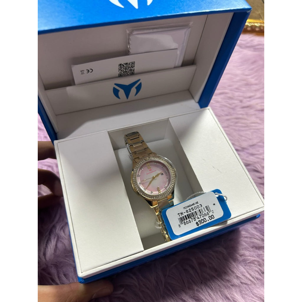 ORIG & IMPORTED Technomarine LUNA 33MM TM-825003 Lady's Watch Pink Dial Gold Band