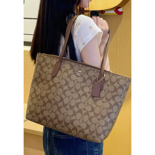 ORIG Preloved CCH Zip Top Medium Tote Bag Khaki Brown