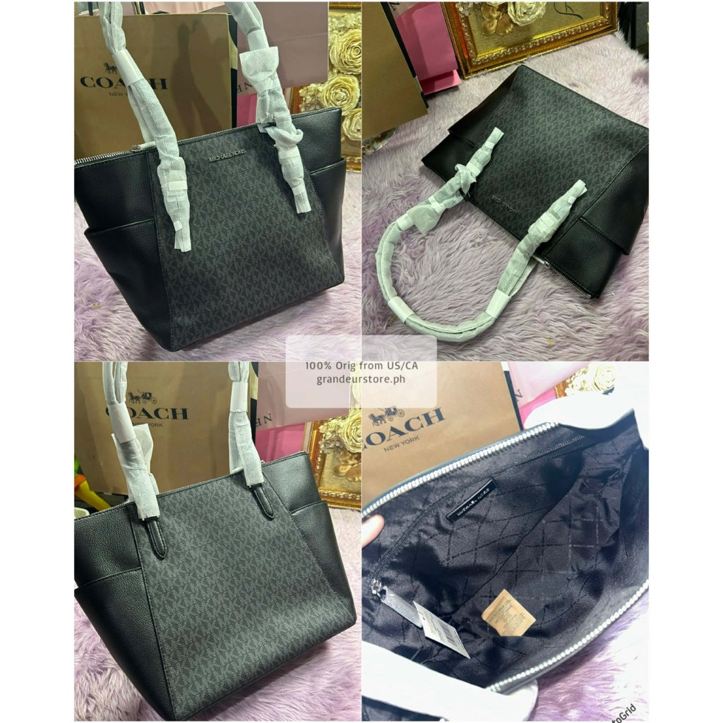 ORIG & IMPORTED MK Charlotte Large Logo and Leather Top-Zip Tote Bag Brown White Black