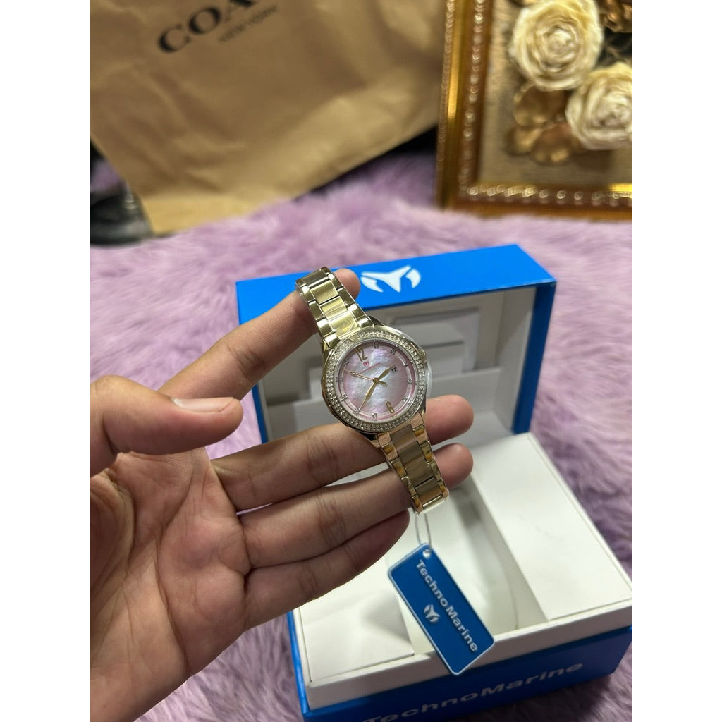 ORIG & IMPORTED Technomarine LUNA 33MM TM-825003 Lady's Watch Pink Dial Gold Band