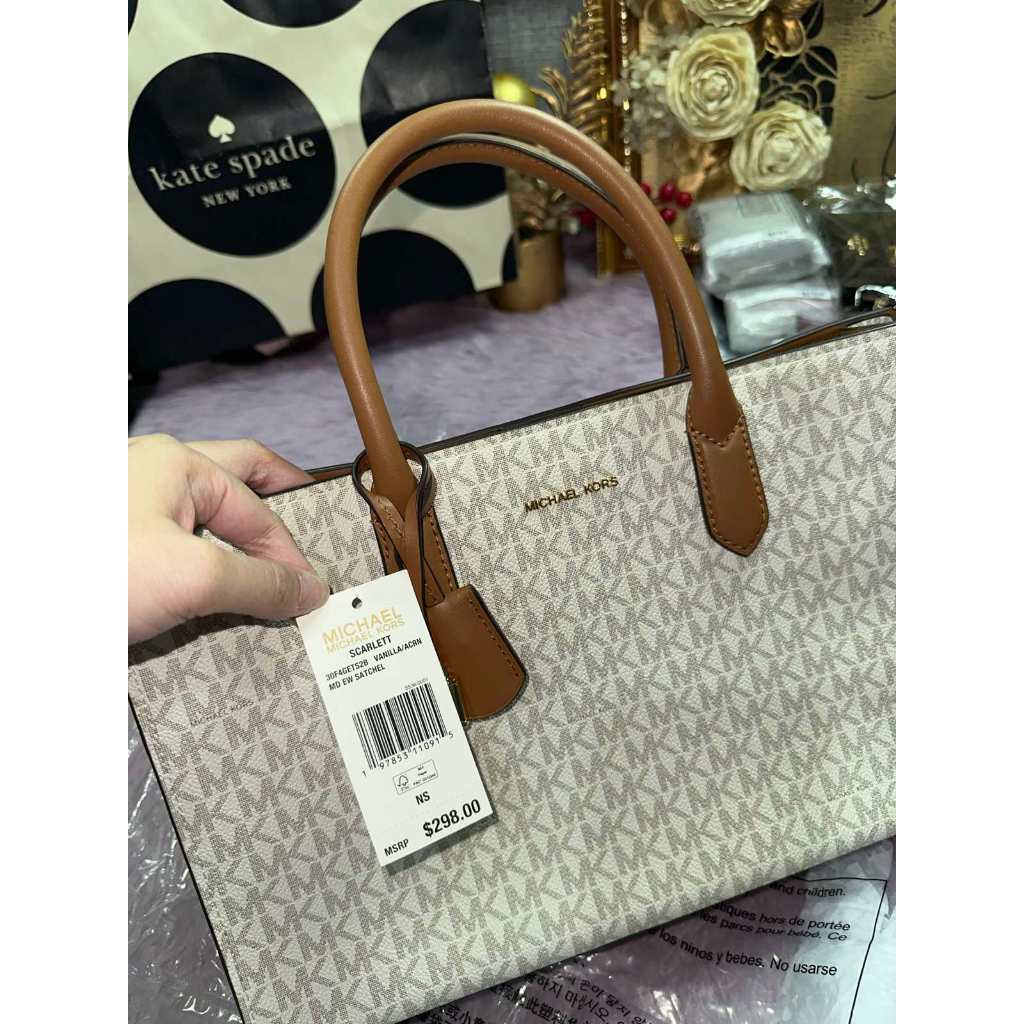 ORIG & IMPORTED MK Retail Scarlett Medium Signature Logo Satchel Bag Brown/White Vanilla